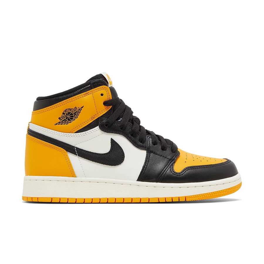 Side of Nike Air Jordan 1 Retro High Yellow Toe Taxi basketball shoes in yellow, white and black