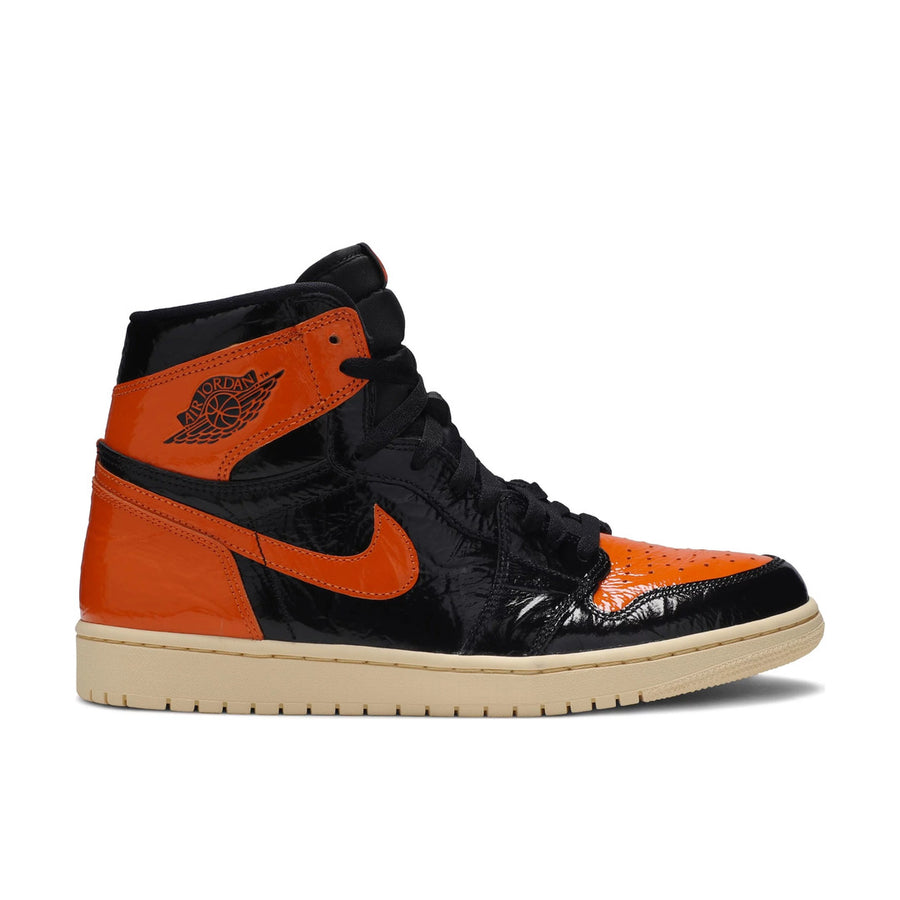 Side of Nike Air Jordan 1 basketball shoes in black and orange shattered backboard colour