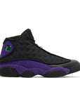 Side of Nike Jordan Air 13 basketball shoes in a black and purple colourway.