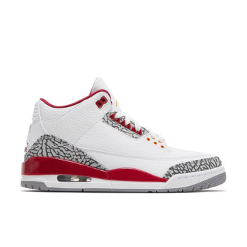 Side of Nike Jordan Air 3 basketball shoes in a white and cardinal red colour with an elephant print