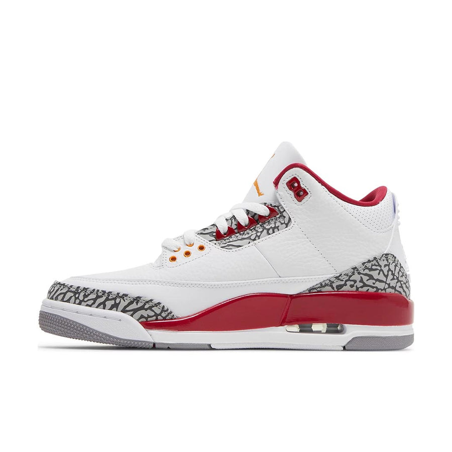 Side of Nike Jordan Air 3 basketball shoes in a white and cardinal red colour with an elephant print