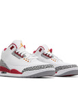 A pair of Nike Jordan Air 3 basketball shoes in a white and cardinal red colour with an elephant print