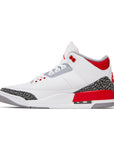 Side of Nike Jordan Air 3 basketball shoes in a white fire red colour