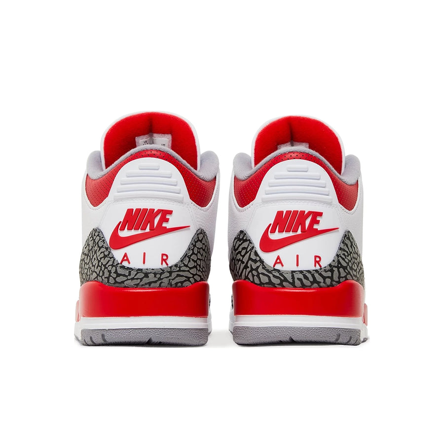 Heels of the Nike Jordan Air 3 basketball shoes in a white fire red colour