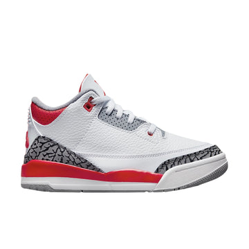 Side of younger kids / pre school Nike Jordan Air 3 basketball shoes in a white and fire red colour