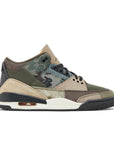 Side of Nike Jordan Air 3 basketball shoes in a patchwork camo colour