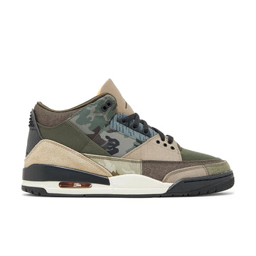 Side of Nike Jordan Air 3 basketball shoes in a patchwork camo colour