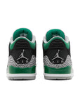 Heels of the Nike Jordan Air 3 basketball shoes in a black and pine green with an elephant print colour