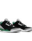 A pair of Nike Jordan Air 3 basketball shoes in a black and pine green with an elephant print colour