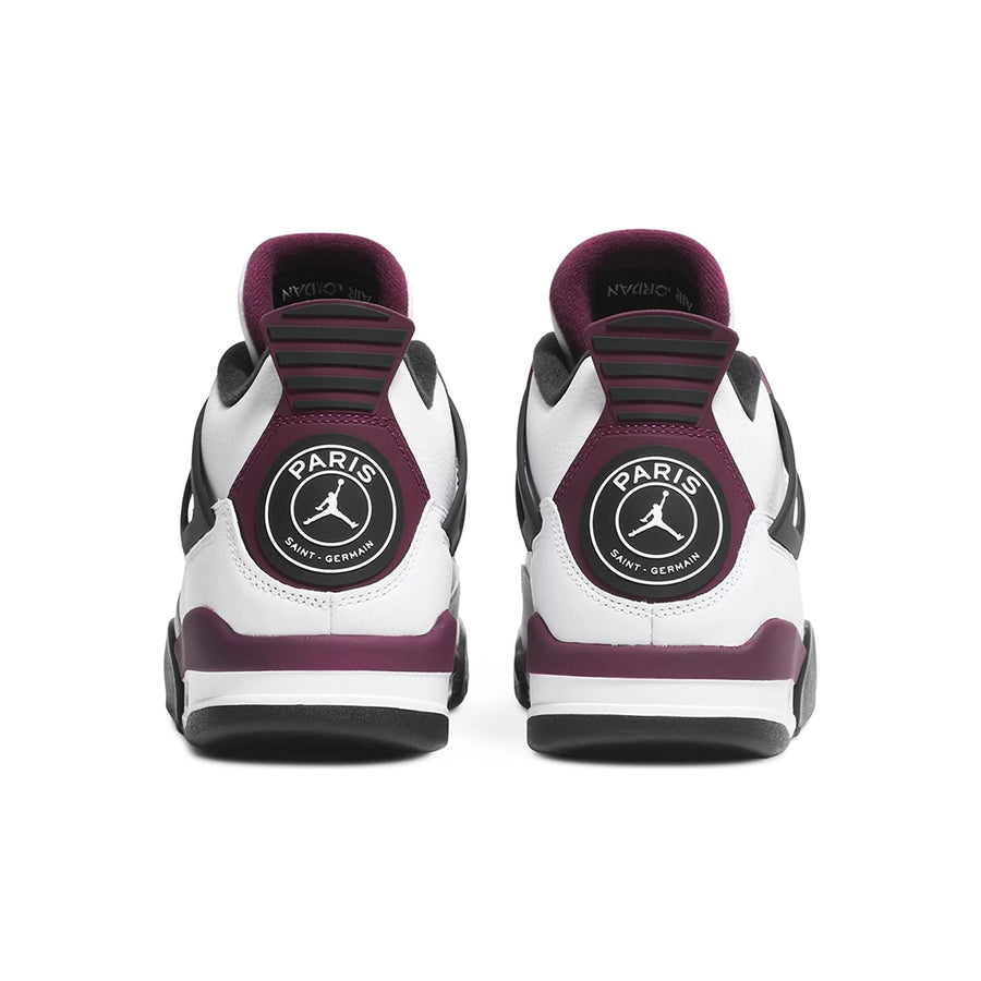 Heels of the Nike Air Jordan 4 Retro PSG Paris Saint-Germain basketball sneakers in white, purple and black