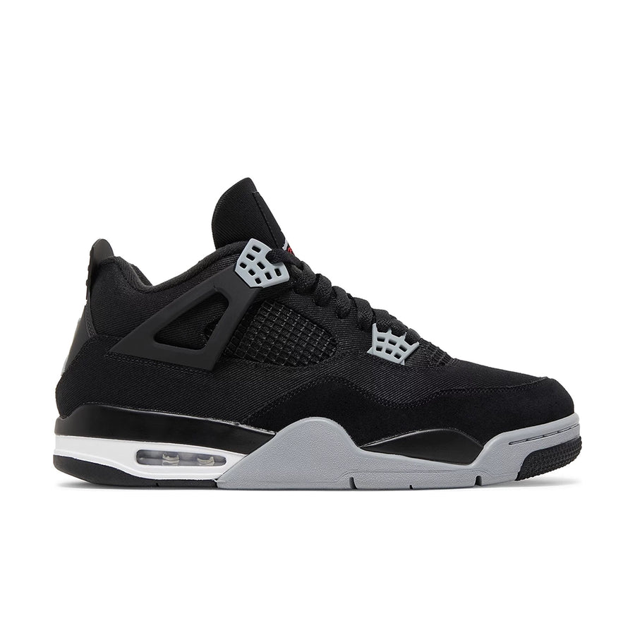 Side of Nike Air Jordan 4 retro black canvas basketball shoes are in an all black colourway.