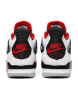 Heels of the Nike Air Jordan 4 Retro Fire Red (2020) basketball shoes in white and red