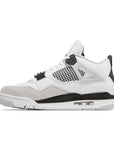 Side of Nike Air Jordan 4 retro military black basketball shoes are in a white and black colourway.