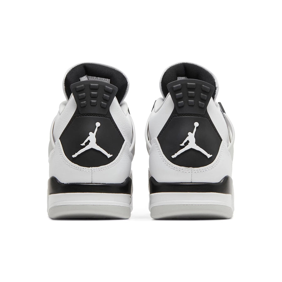Heels of the Nike Air Jordan 4 retro military black basketball shoes are in a white and black colourway.