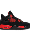 Side of the Nike Air Jordan 4 Retro Red Thunder basketball shoes in black and red