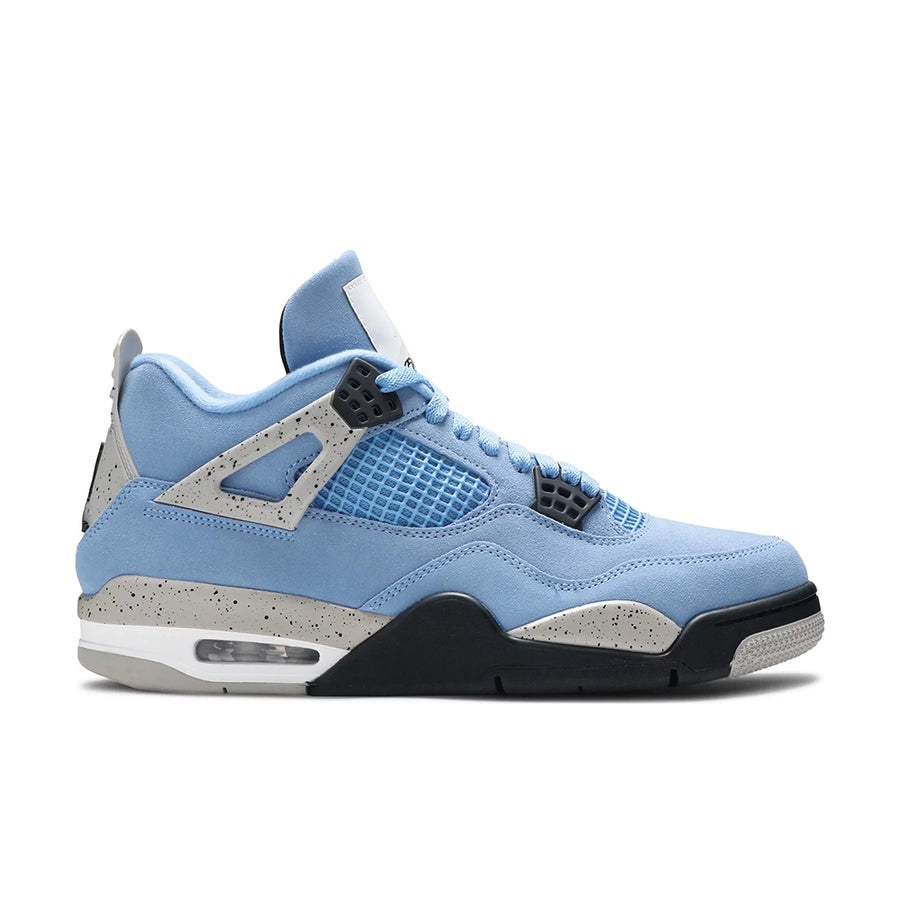 Side of the Nike Air Jordan 4 Retro University Blue basketball shoes in blue and white
