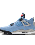 Side of the Nike Air Jordan 4 Retro University Blue basketball shoes in blue and white