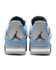 Heels of the Nike Air Jordan 4 Retro University Blue basketball shoes in blue and white
