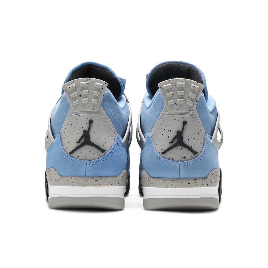 Heels of the Nike Air Jordan 4 Retro University Blue basketball shoes in blue and white