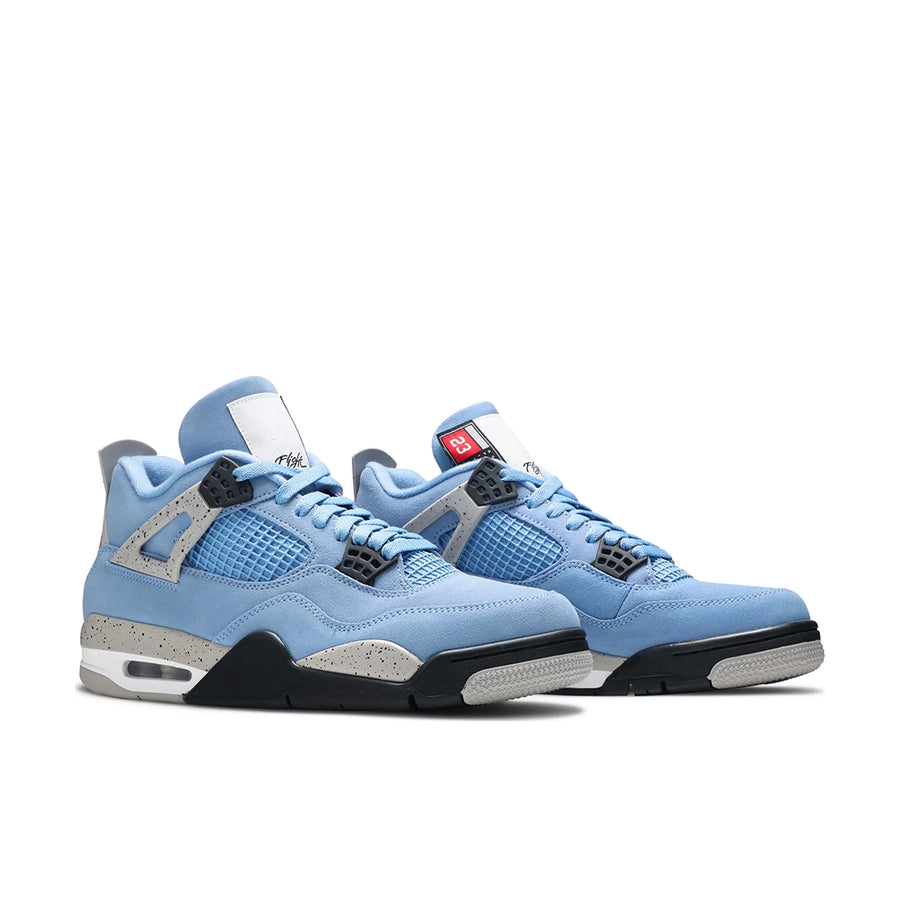 A pair of Nike Air Jordan 4 Retro University Blue basketball shoes in blue and white