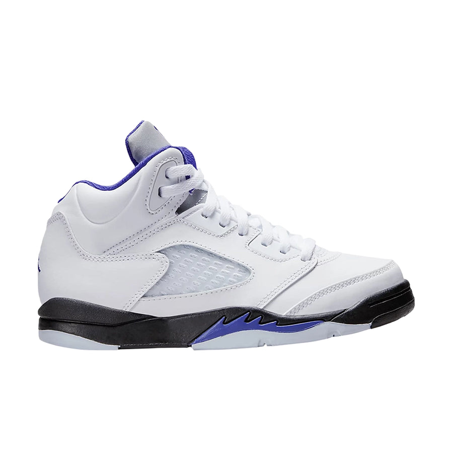 Side of the Nike Air Jordan 5 Retro basketball shoes are in a white and violet colourway.