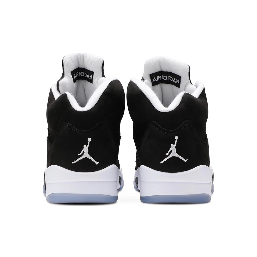 Heels of the Nike Air Jordan 5 Retro Moonlight basketball shoes in black and white