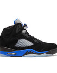 Side of the Nike Air Jordan 5 Retro Racer basketball shoes in black and blue