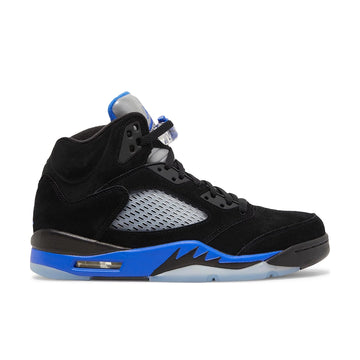 Side of the Nike Air Jordan 5 Retro Racer basketball shoes in black and blue