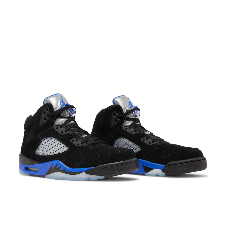 A pair of Nike Air Jordan 5 Retro Racer basketball shoes in black and blue