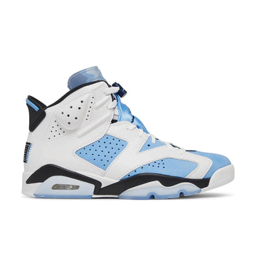 Side of the Nike Air Jordan 6 Retro UNC White basketball shoes in blue and white