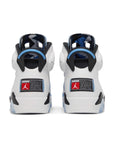 Heels of the Nike Air Jordan 6 Retro UNC White basketball shoes in blue and white