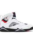 Side of the Nike Air Jordan 7 Retro BCFC Paris Saint-Germain PSG basketball shoes in white, blue and red