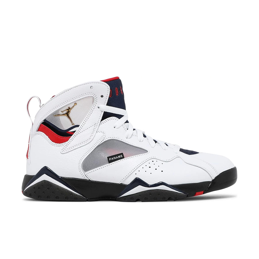 Side of the Nike Air Jordan 7 Retro BCFC Paris Saint-Germain PSG basketball shoes in white, blue and red