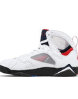 Side of the Nike Air Jordan 7 Retro BCFC Paris Saint-Germain PSG basketball shoes in white, blue and red