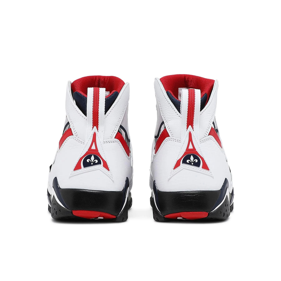 Heels of the Nike Air Jordan 7 Retro BCFC Paris Saint-Germain PSG basketball shoes in white, blue and red
