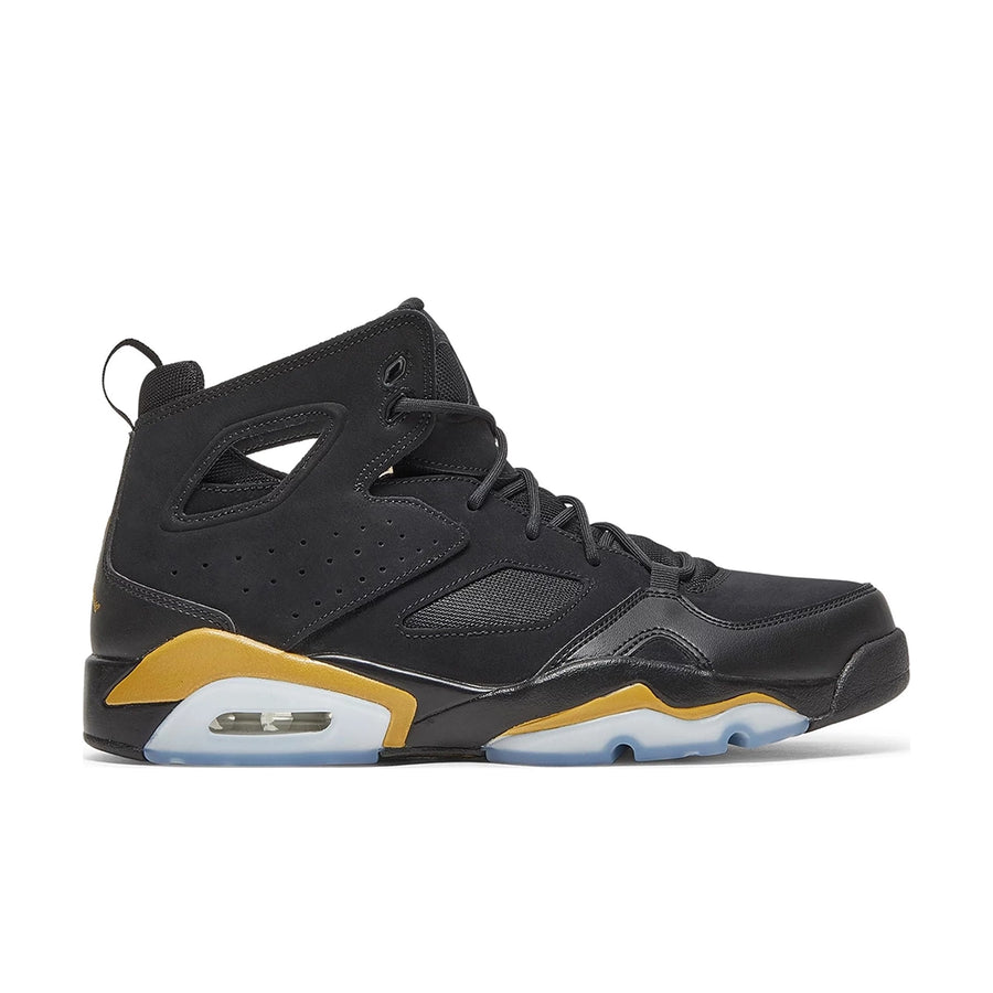 Side of the Nike Jordan Flight Club 91 basketball shoes in black and metallic gold