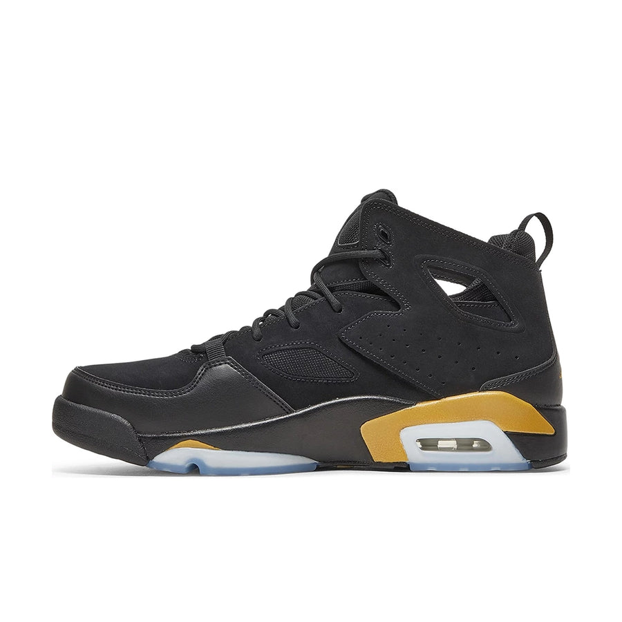 Side of the Nike Jordan Flight Club 91 basketball shoes in black and metallic gold