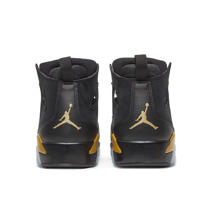 Heels of the Nike Jordan Flight Club 91 basketball shoes in black and metallic gold