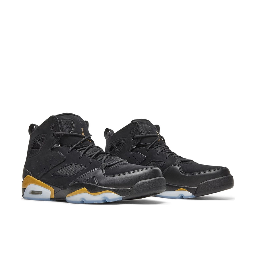 A pair of Nike Jordan Flight Club 91 basketball shoes in black and metallic gold