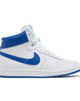 Side of the Nike Air Ship A Ma Maniere Game Royal basketaball sneakers in white and blue