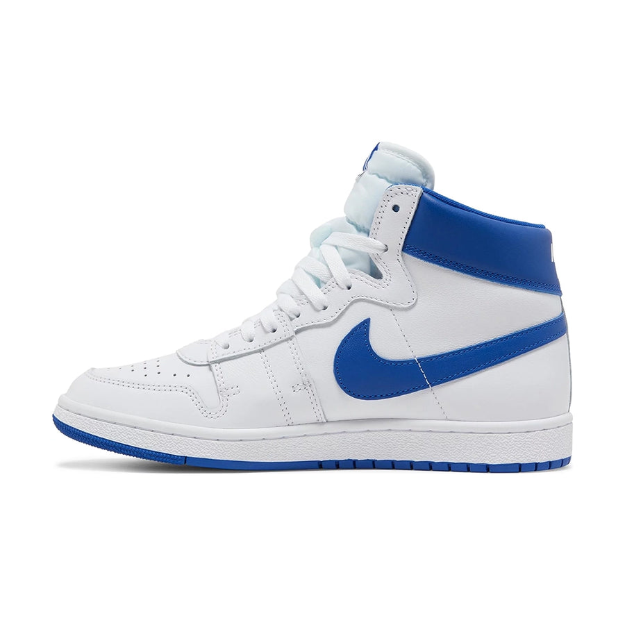 Side of the Nike Air Ship A Ma Maniere Game Royal basketaball sneakers in white and blue