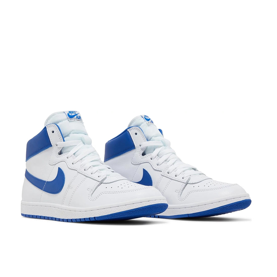A pair of Nike Air Ship A Ma Maniere Game Royal basketaball sneakers in white and blue
