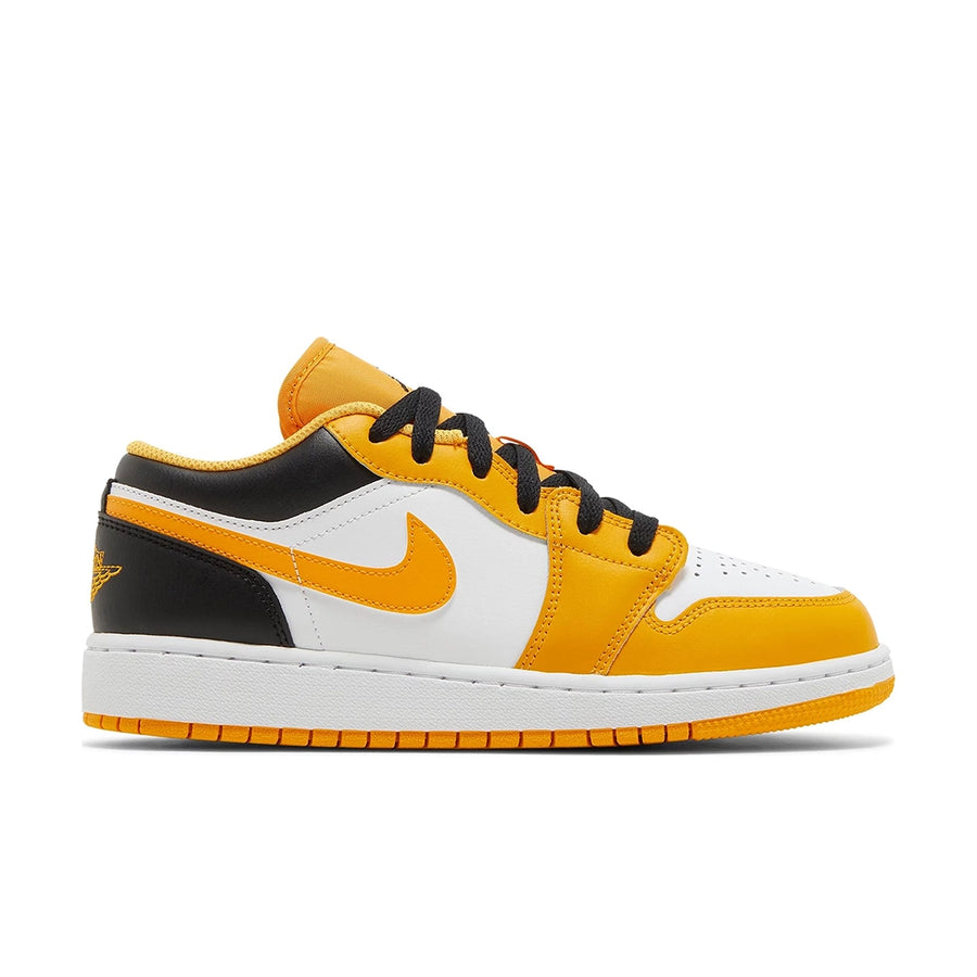 Side of the grade school Nike Air Jordan 1 Low Taxi children shoes in black, yellow and white