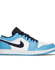 Side of Nike Air Jordan 1 Low UNC sneakers in white and blue