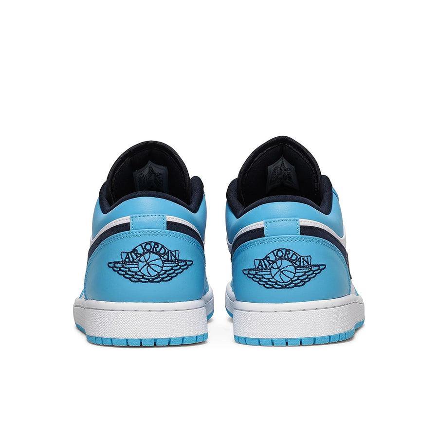 Heels of the Nike Air Jordan 1 Low UNC sneakers in white and blue