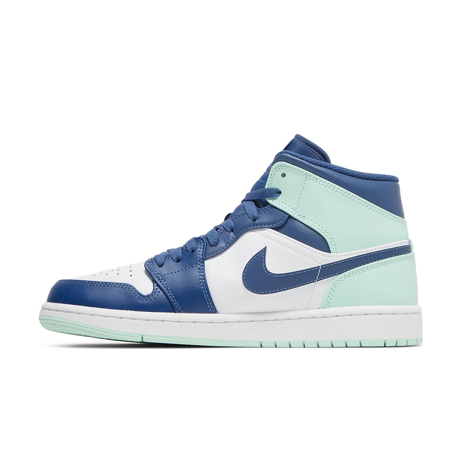 Side of the Nike Air Jordan 1 Mid Mystic Navy sneakers in blue and mint