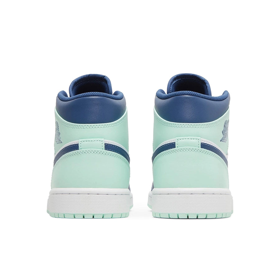 Heels of the Nike Air Jordan 1 Mid Mystic Navy sneakers in blue and mint
