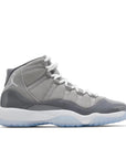 Side of grade school kids Nike Air Jordan 11 cool grey basketball shoes in grey and white