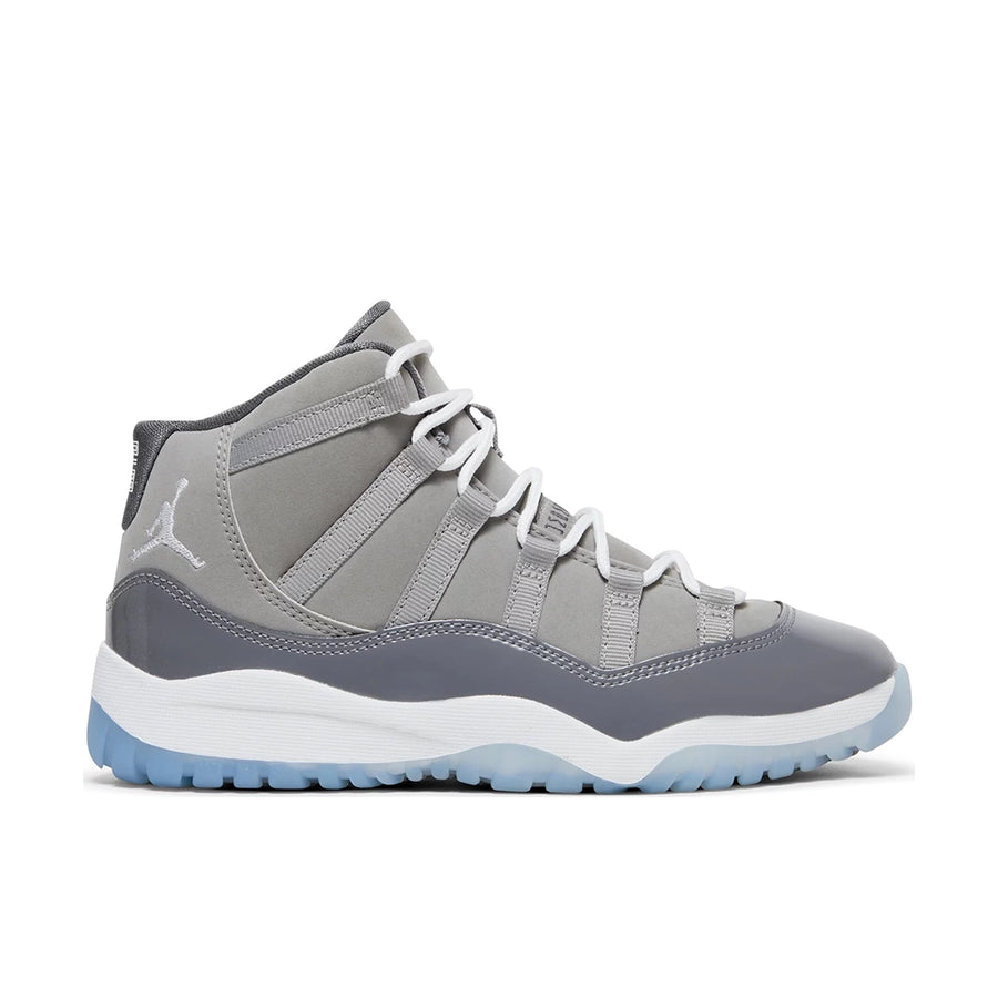 Side of pre school kids Nike Air Jordan 11 cool grey basketball shoes in grey and white