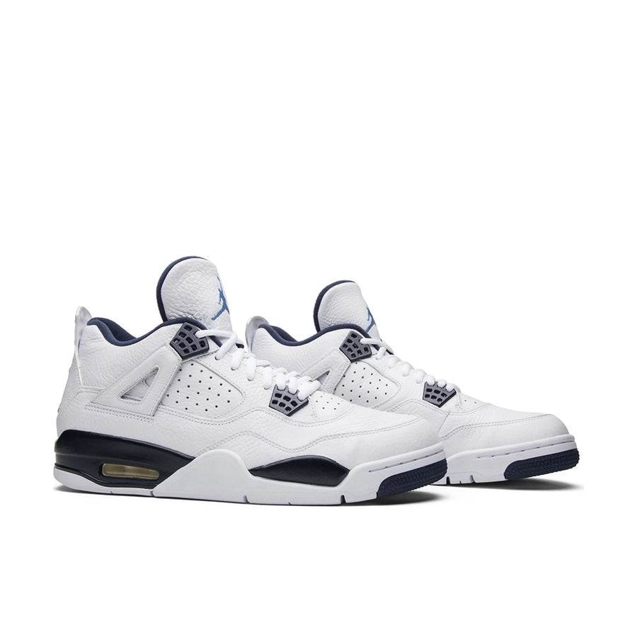 A pair of Nike Air Jordan 4 Retro Columbia 2015 basketball shoes in white and blue